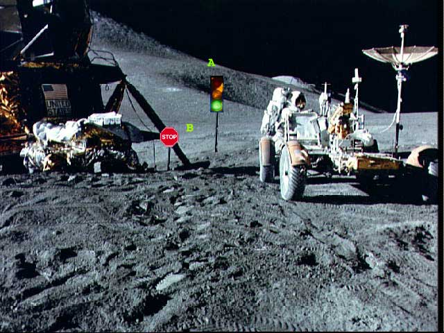 picture of rover in front of traffic signs