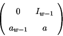 \begin{displaymath}
\left(
\begin{array}{cc}
0 & I_{w-1} \\
a_{w-1} & a \\
\end{array}\right)
\end{displaymath}